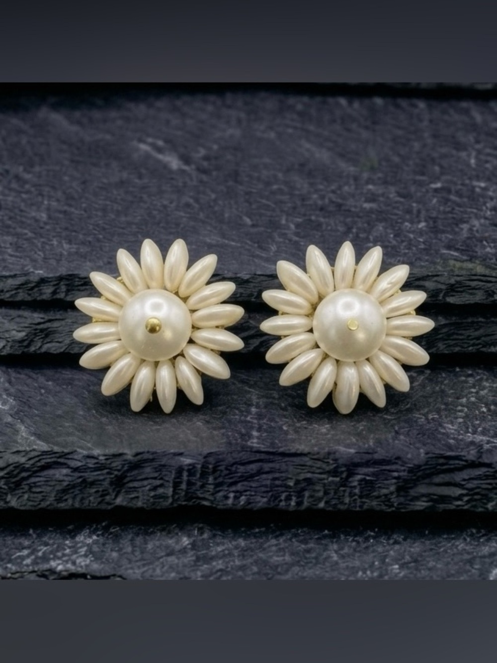Vintage 60s Hong Kong Cream Faux Pearl Daisy Flower Gold Tone Clip Earrings